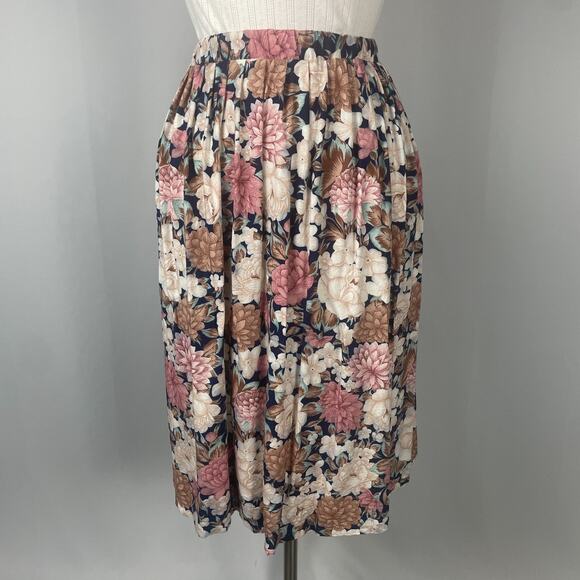 Vintage Midi Skirt Size 8 Pink Cream Floral Print Pleated A Line Cottagecore 90s - Picture 2 of 11